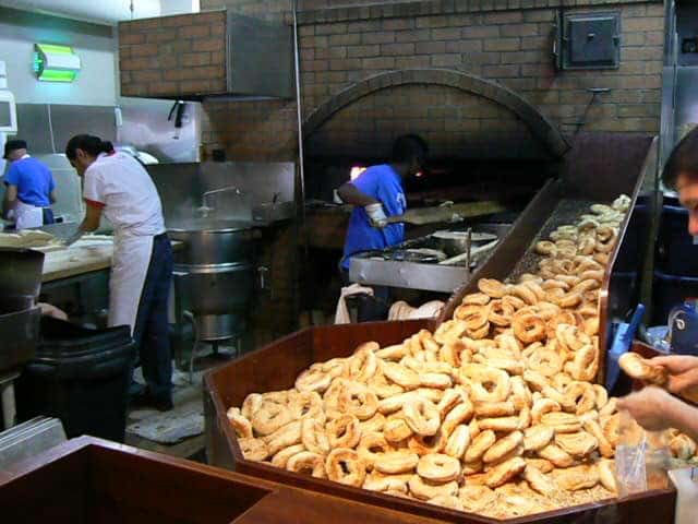 Montreal is famous for bagels. Here the production line at the busy St Viateur Bagel and Cafe downtown.