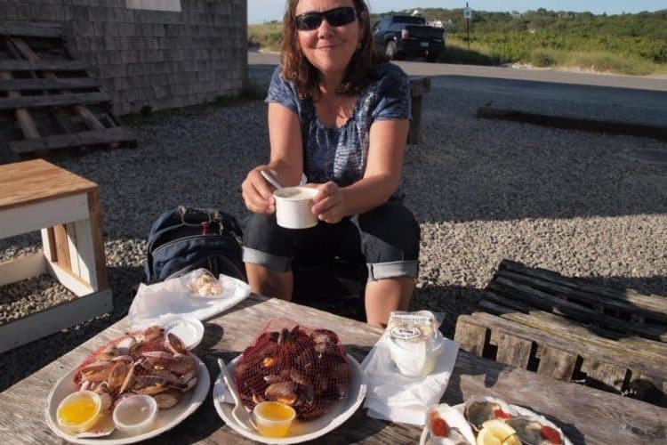 Enjoying an al fresco seafood dinner at Ducher Dock, Menemsha, Martha's Vineyard.