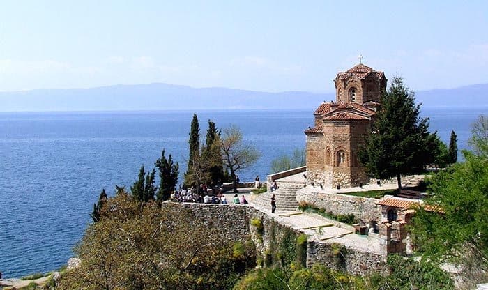 Church of St. John at Kaneo with a view of the Ohrid Lake, the most popular destination for tourists in Macedonia