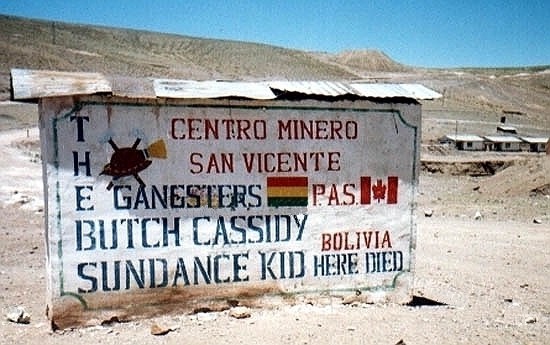 The sign commemorating the most famous people ever seen in San Vincente, Bolivia. Wyoming Tales and Trails photo.