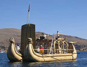 A raft made out of reeds by the Aymara people, who live on floating islands on Lake Titicaca in Peru. Photos by Eva Piccozzi and Alexander Miller.