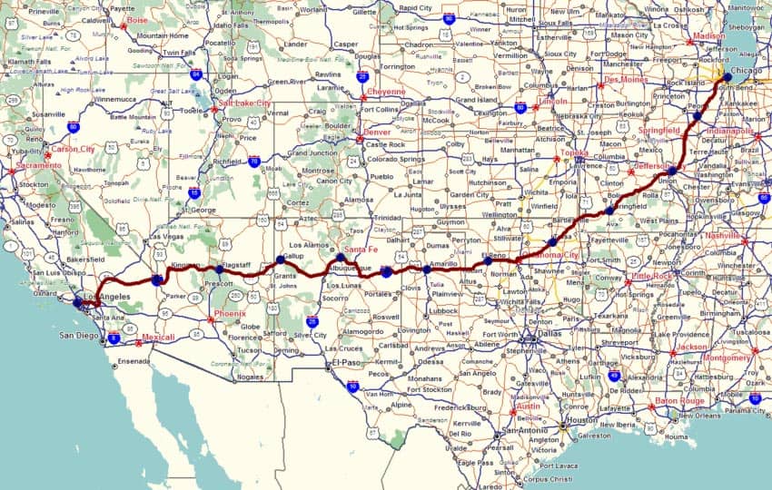 Map of historic Route 66 across the Western U.S. 