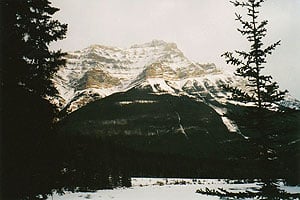 Snow-covered mountain from Athabasca Falls