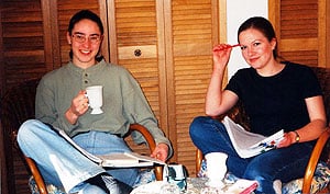 Dawn and I studying and drinking mochas in our cozy B&B in Jasper.