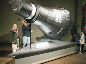 A large scale model of a space capsule at the McAuliffe-Shepard Discovery Center in Concord, New Hampshire