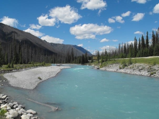 The turquoise waters of the ironically-named Vermillon River in Kootenay National Park, British Columbia photos by Jim Reynoldson.