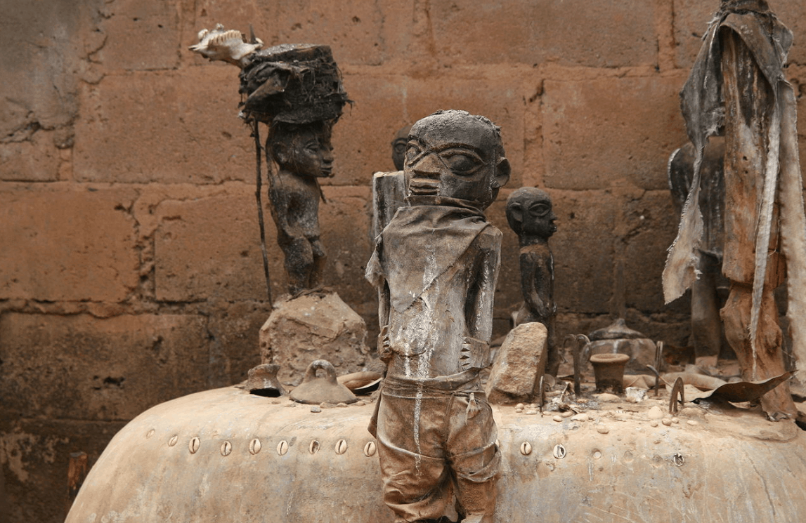 Vodun altar with several fetishes in Abomey, Benin Togo