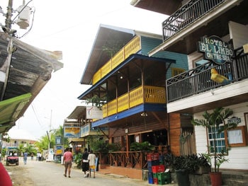 Hotels and restaraunts line the streets of Bocas del Toro Town.