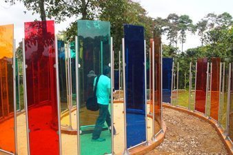 These plexiglass panels are designed to show the different colors you can see when you look at the coffee trees, at Hacienda Combia. Paul Shoul photo.