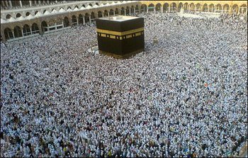 The crowd during the regular Hajj can swell to as many as 750,000 pilgrims in one place. Here they circle the Ka'ba.