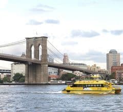 New York City water taxi and the famous Brooklyn Bridge in New York City. photo by Kyle McCarthy.