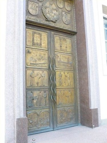 A door with scenes from the history of Vilnius University, one of the oldest in Europe