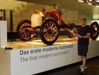The first modern automobile at the Mercedes Benz museum. photos by Cary Carbonaro.