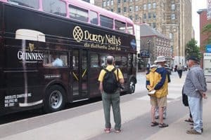 The Ambassatours pink busses that take visitors on a city tour of Halifax, Nova Scotia's capital city.