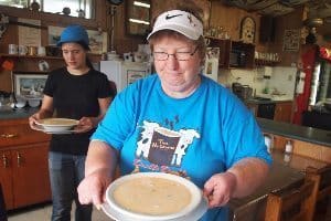 Annie White with her seafood-chowder at the Deck in Blandford.