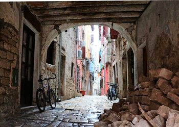 An arched street in Rovinj, Croatia.