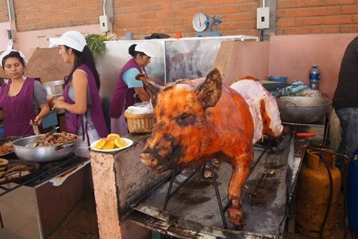 Pigs are roasted using gas torches all over the country. 