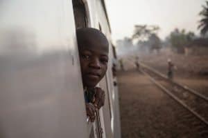 Riding a train in Mozambique.