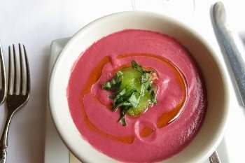 Chilled beet soup at Hazelnut Restaurant.