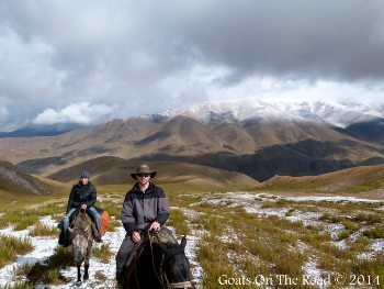 Ascot and Nick on horses in Song-Kol, Kyrgyzstan. Nick Wharton photos