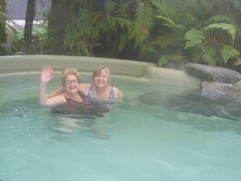 Enjoying a soak in the hot springs.