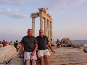 Todd, left, and the author at the Temple of Apollo in Side.