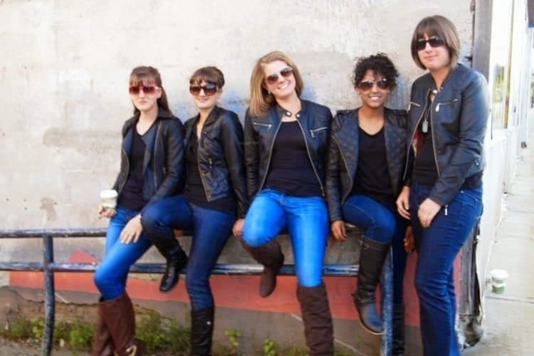 Girls in downtown Newport Vermont, they all got the same memo about leather and jeans!