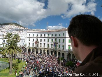 Watching a riot begin from the hotel window in Tetouan, Morocco. photos by Nick Wharton.