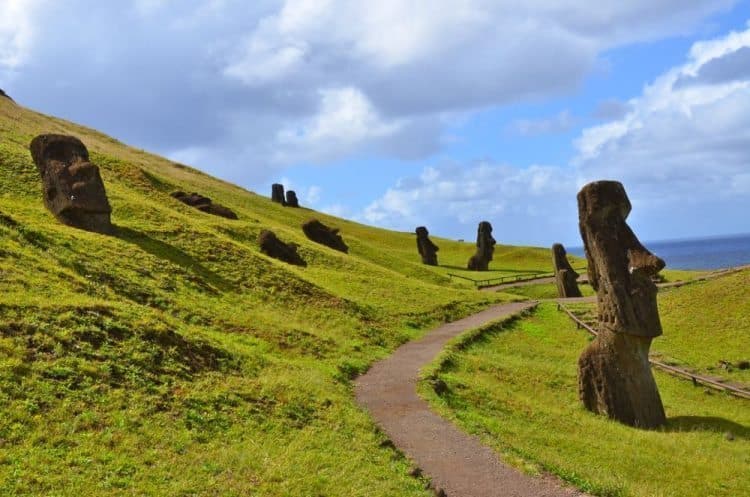 Rano Raraku, Easter Island is a volcanic crater that served as the quarry for about 95% of the island’s sculptures known as moai. These moai were left in various states of production.
