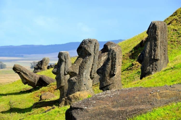 Rano Raraku, Easter Island is a volcanic crater that served as the quarry for about 95% of the island’s sculptures known as moai. These moai were left in various states of production. Keith Hajovski photos.