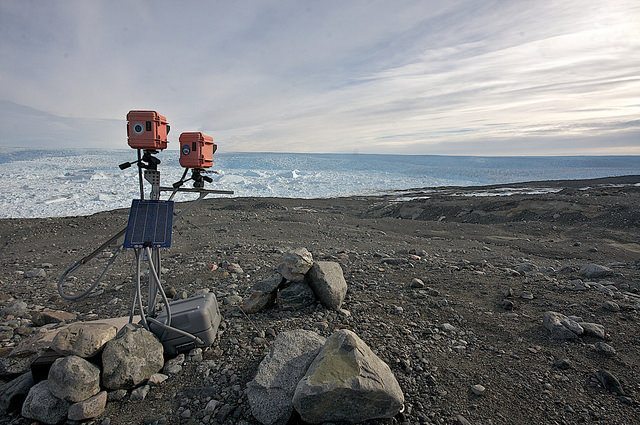 Cameras for recording glacier calving.