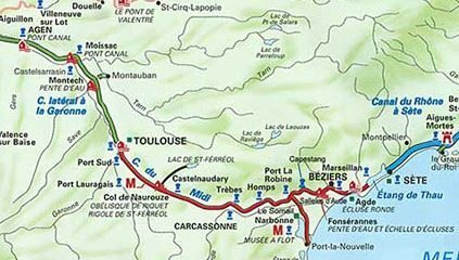The Canal du Midi, in red, from Toulouse to Sete.