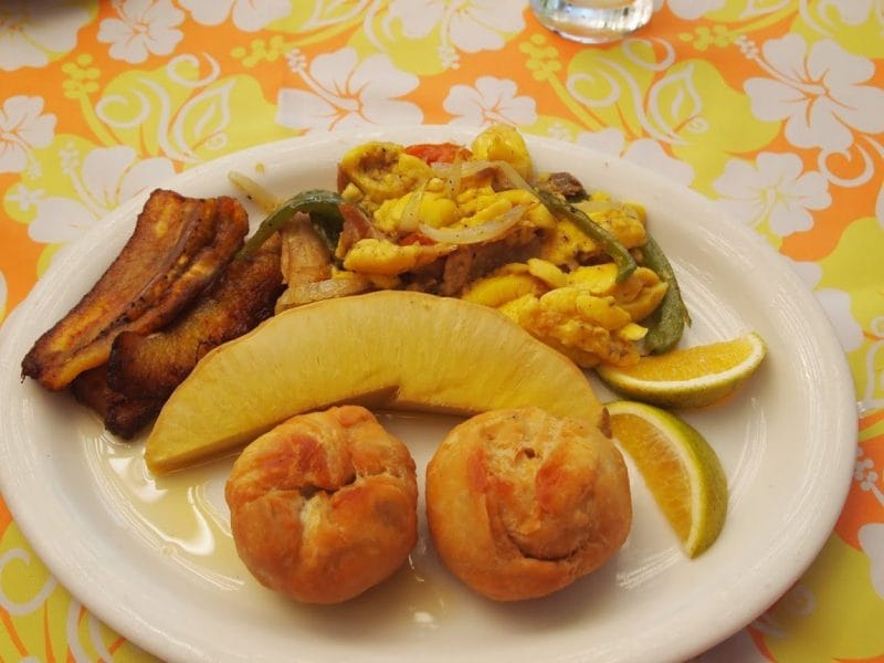 Ackee and saltfish, the national dish of Jamaica. Served with eggs for breakfast.