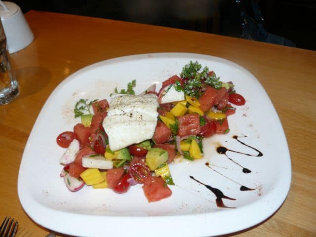 Watermelon gazpacho with ling cod at Calories on Broadway Avenue.