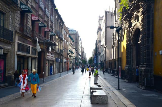 The street leading to the Zocolo, Mexico City's massive square.