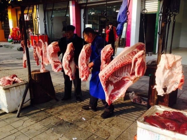 A meat market on the streets of the city. 