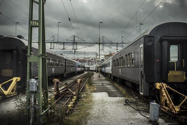 Trains wait in the yard in Gothenburg. 