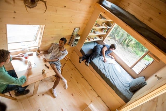 An inside view of one of the tiny houses available for booking. 