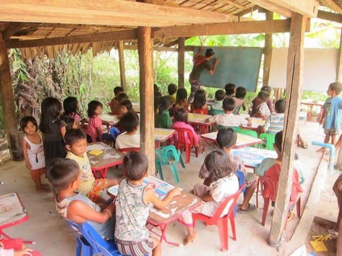 Kids in an outdoor classroom in a jungle in Cambodia. James Dorsey photos.