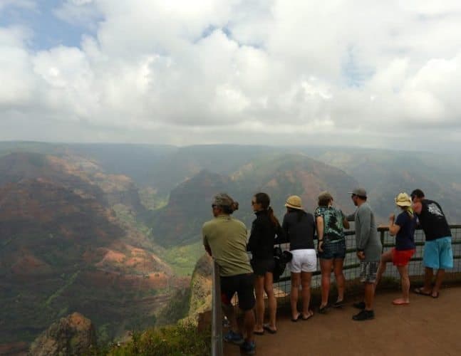 Titus Kinimaka Noelle Salmi Sarah Barton Suzie Black Kaimi Kinimaka Caitlin Pardo de Zela and Caly Wolcott take in the grandeur of Waimea Canyon. Photo by Ry Cowan