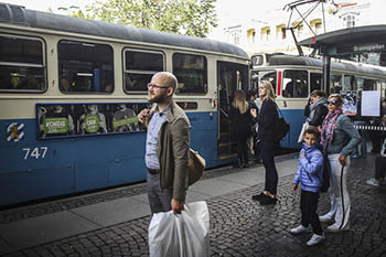 Waiting for the tram in Gothenburg, Sweden.