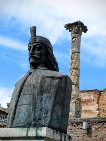 This ominous-looking bust of Vlad "The Impaler" Tepes overlooks the ruins of his palace in the old town of Bucharest, Romania.