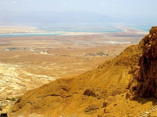 The view from the top of Masada overlooks The Dead Sea and The Judaean Desert. 