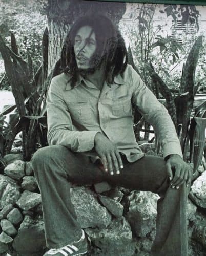 Bob Marley under his favorite back yard tree where he would sing and play guitar. Photo courtesy Bob Marley Museum.
