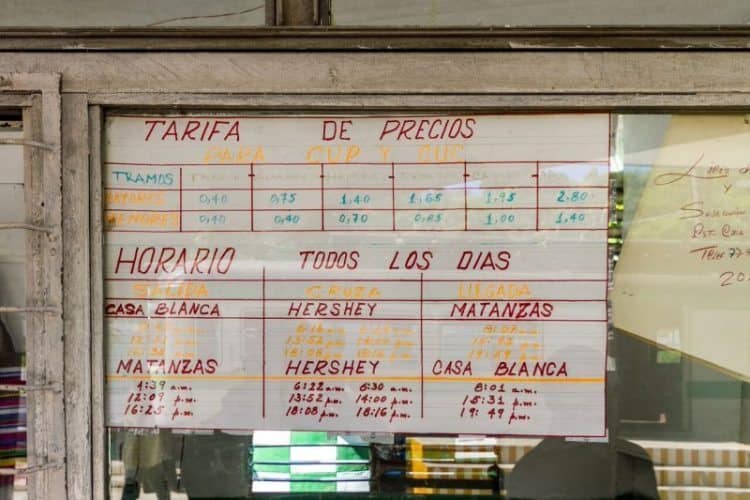 The hand-written schedule on the wall of the station in Cuba.