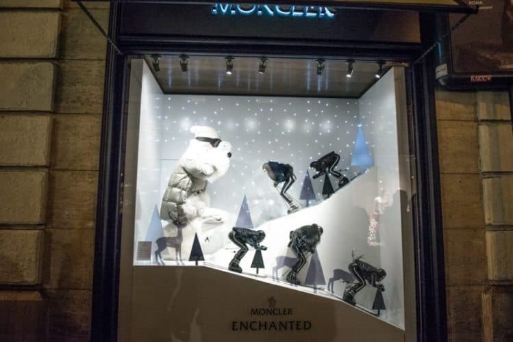 Ski scene in the window of Moncler, the upscale French fashion store.