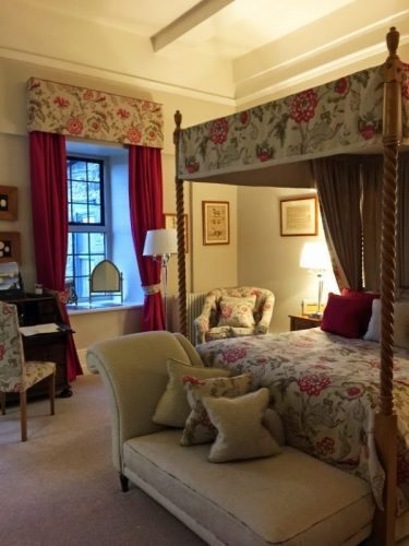 A luxury guestroom (one of the smaller of the estate's many rooms) at Llangoed Hall,