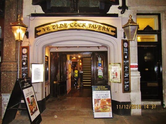 Ye Olde Cock Tavern on Fleet Street, built in the seventeenth century, was the watering hole of no less a person than Charles Dickens.