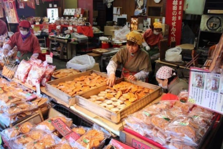 Osenbei vendors in Narita City Japan.