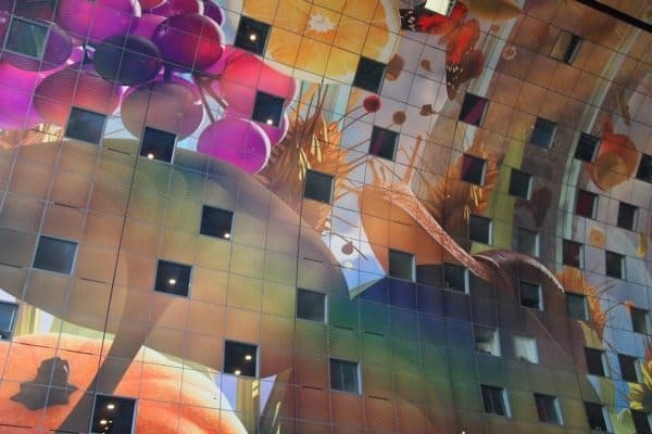 The inside of the Markthal is an aluminum skin that looks like a giant horn of plenty.